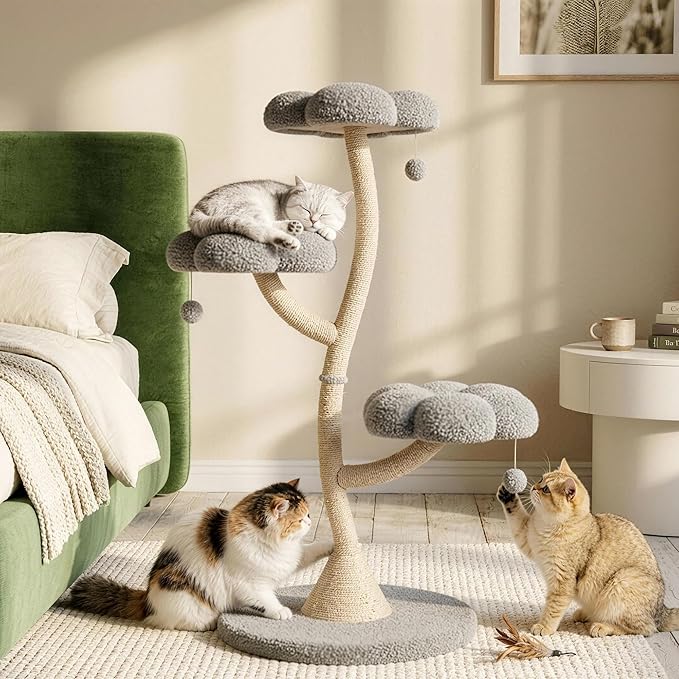 FKWin 48" Tall Cat Tree,Flower Shape Design,Scratching Post Condo,Multi-Level Furniture Activity Center,Kittens Pet House Play with Hang Ball,Plush Cat Tower for Large Cats (Gray-3 Tiers)