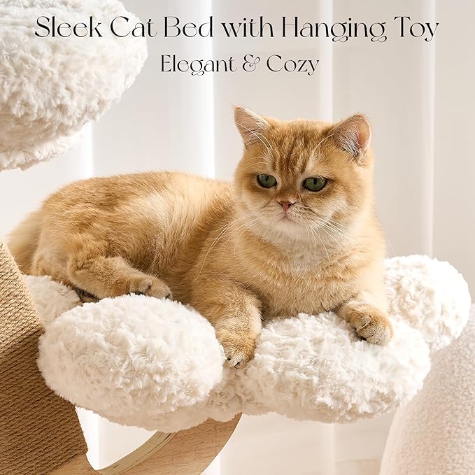 797Audio Flower Cat Tree, 37" Wood Branch Cat Tower, White Cloud Cat Tree with Scratching Post for Indoor Adult Cats, Luxury Cat Tree with Mushroom Cat Scratcher & Interactive Squeaky Toy