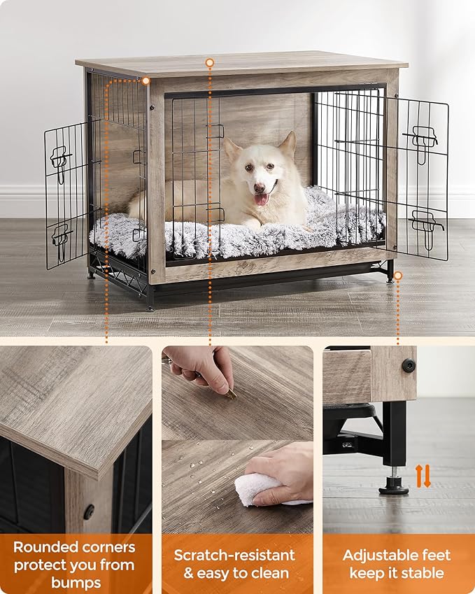 Feandrea 32.5" Dog Crate Furniture, Indoor Dog Cage Side End Table, L Pet Wood Kennel for Large and Medium Dogs up to 45 lb with Multi-Purpose Removable Tray, Double-Door Pet House, Greige