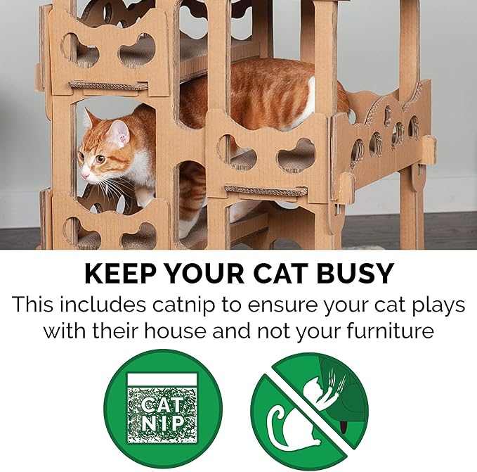 Furhaven Cardboard Cat House Tower Playground, Multi-Level Cat Tree Hideout Scratcher with Catnip