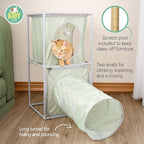 Kitty City Cozy Cube Retreat Cat Tower with Tunnel, Scratching Post & Hanging Toy, Dual-Level Indoor Cat Play Furniture for Climbing, Hiding & Lounging, Green