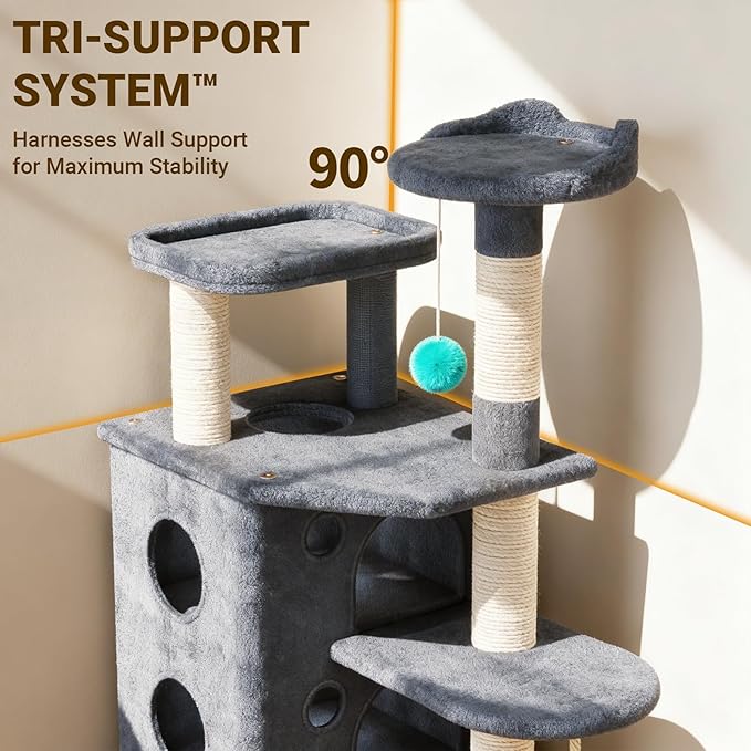 【Tank-Sturdy Tower】 PetDance Heavy Duty Cat Tree for Cats Fits Kittens to XL Maine Coons, Cat Tower with Scratching Posts, Cat Climber with 3 Spacious Hideaway, Light Gray