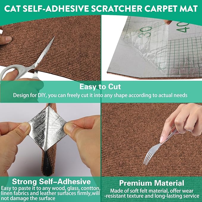 Trimmable Cat Scratcher Mat, Self-Adhesive Cat Scratching Carpet Pad Replacement for Cat Tree Shelves, Steps and Posts, DIY Cat Scratch Couch Furniture Protector (Brow, 39.4"x15.8")