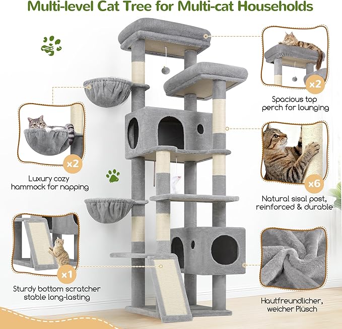 Globlazer 77" Cat Tree for Large Cats, Tall Cat Tower with Scratching Board & Thickened Stable Base, Skin-Friendly Multi-Level Activity Center for Multi-Cat Household, Maine Coon, S77C,Light Grey