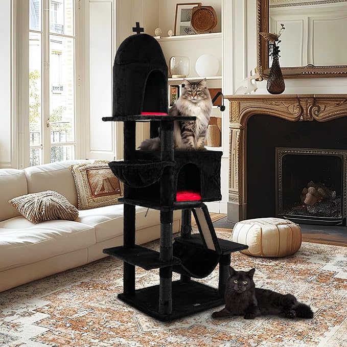 Tangkula Gothic Cat Tree, 67 Inch Tall Cat Tower with Sisal Scratching Posts and Ladder, 2 Cat Condos, Hammock, Basket Bed, Spooky Dangling Balls, Halloween Black Goth Cat Tree for Indoor Cats