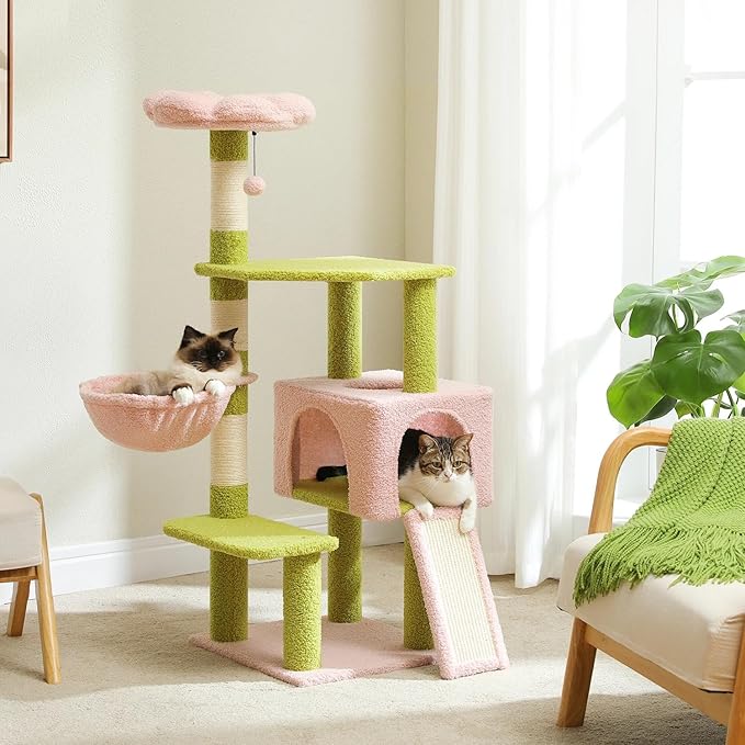 47.3" Flower Cat Tree, Multi-Level Cat Tower with Sisal Covered Scratching Posts Cute Cat Condo for Indoor Small Medium Cats Top Perch (Green)