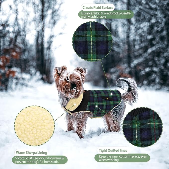 Winter Coat for Small and Medium Dogs, Puppy Plaid Jacket, Cotton Coat for Cold Weather, Windproof Warm Dog Garments, Pet Thickened Outfits Indoor Outdoor, Green S