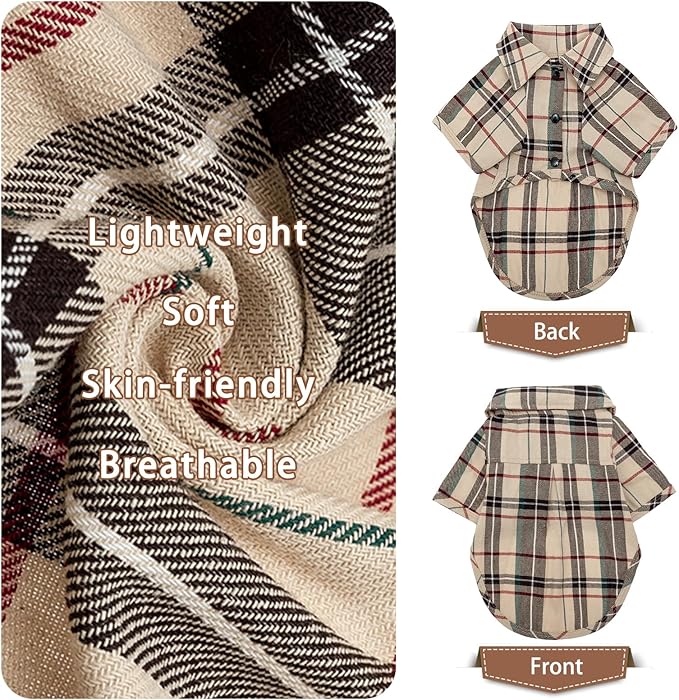 PUPTECK Plaid Dog Shirt, Cute Puppy Cat Polo T-Shirt, Soft Pet Clothes Outfit for Small Medium Dogs, Costume M