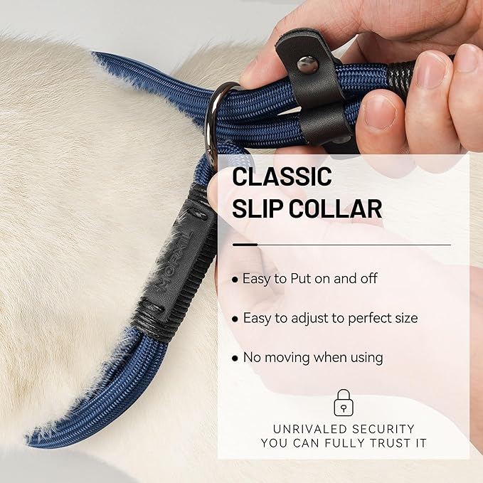 Slip Dog Collar, Nylon Rope Dog Choker Collars with Adjustable Stopper, Heavy Duty Collar for Medium Dog Training (Navy Blue)