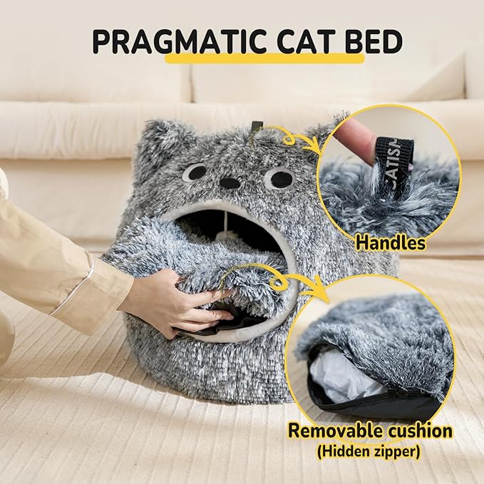 CATISM Cat Bed, Cat Beds for Indoor Cats - Kitten Bed Cave Washable, Soft Plush Hooded, Removable Pillow, Non-Slip Base, Large Cave for Kitty