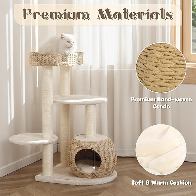 KAMABOKO Modern Cat Tree, 39" Tall Cat Trees for Indoor Cats, Cat Condo Natural Sisal with Scratching Posts, Hand-Woven Tower & Top Perch, Cat-Tree for Kittens Climb Play & Rest Black