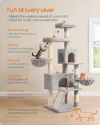 Feandrea Cat Tree, 68.5-Inch Tall Cat Tower, Multi-Level Plush Condo with Large Perch, Scratching Posts, Double Caves, Dove Gray UPCT006G01