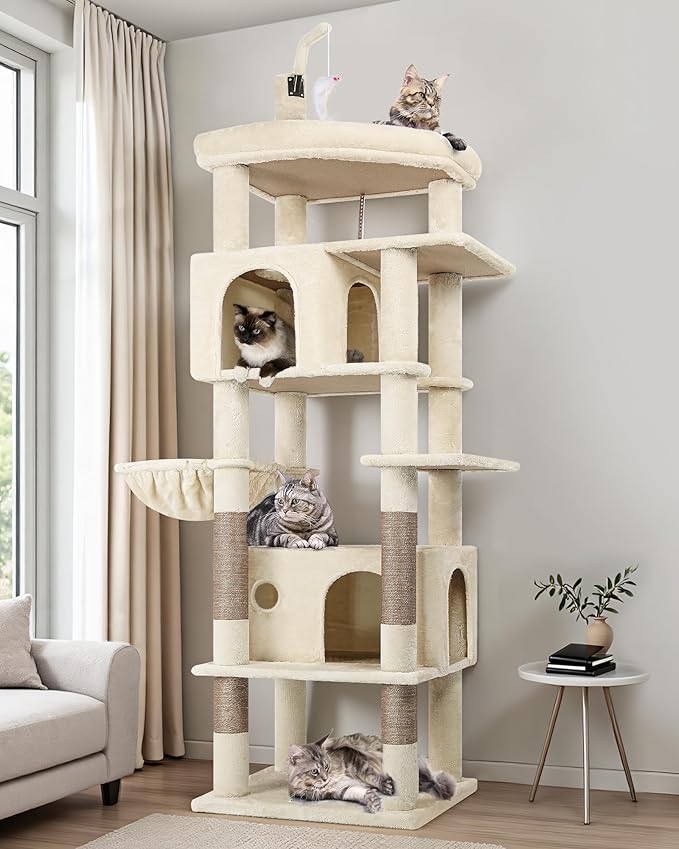 Globlazer Cat Tree for Indoor Cats Large Adult, 74in Tall Cat Tower with Scratching Post, Heavy Duty Cat Tree Tower with 2 Spacious Caves, Oversized Top Perch, Big Hanging Basket, F74B, Beige