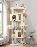 Globlazer Cat Tree for Indoor Cats Large Adult, 74in Tall Cat Tower with Scratching Post, Heavy Duty Cat Tree Tower with 2 Spacious Caves, Oversized Top Perch, Big Hanging Basket, F74B, Beige