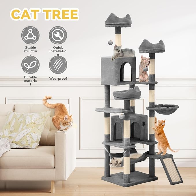 DWVO 75 in Multi-Level Cat Tower: Tall Cats Tree for Indoor Kittens, Pet Furniture with Kitty Condos, Top Perches, Sisal Ramp Scratching Posts, Cozy Basket, Hammocks, Light Gray