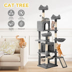 DWVO 75 in Multi-Level Cat Tower: Tall Cats Tree for Indoor Kittens, Pet Furniture with Kitty Condos, Top Perches, Sisal Ramp Scratching Posts, Cozy Basket, Hammocks, Light Gray