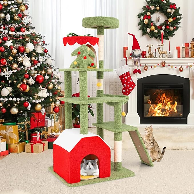 Tangkula Christmas Cat Tree, 61” Tall Cat Tower with Sisal Scratching Posts & Climbing Ladder, Plush Perch, Gift Box Shaped Condo, Hanging Toys, Basket Bed, Cute Cat Tree Tower Holiday Decoration