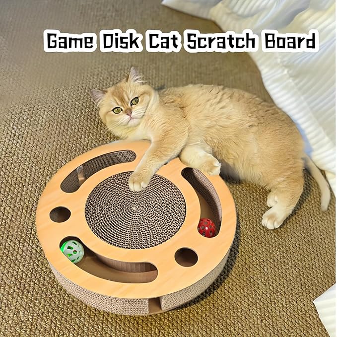 3-in-1 Cat Scratcher Toy, 13 Inch Round High-Density Corrugated Paper Puzzle Mat & Lounge for Indoor Cats, Reinforced Scratch-Resistant Board for Furniture Protection（Wood Color）