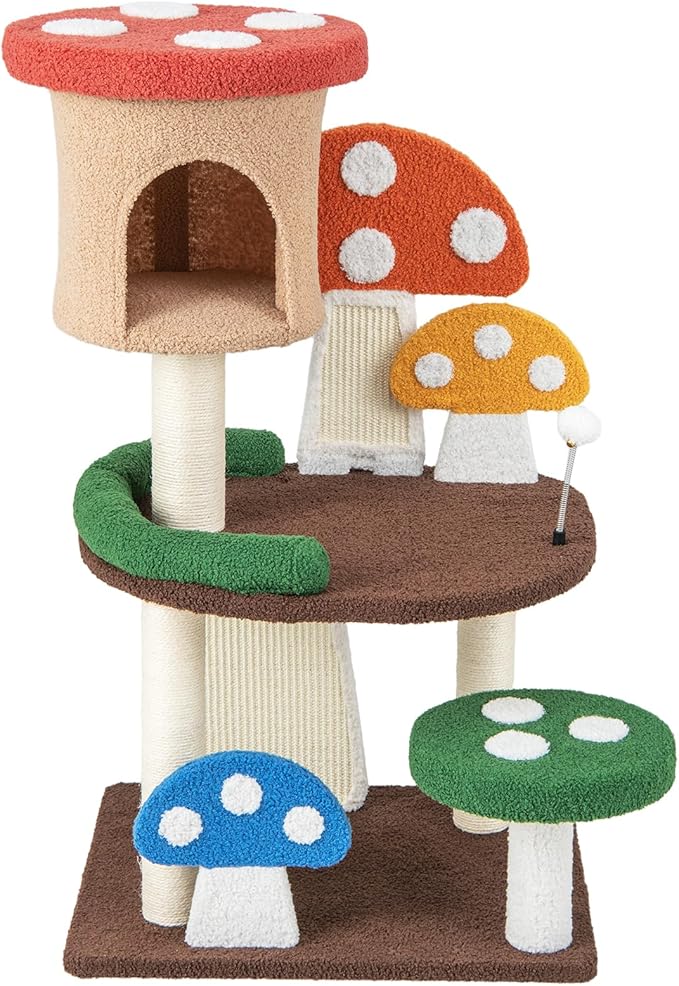 Mushroom Cat Tree, Multi-Layer Cat Tower with 2 Condos & Platforms, Cat Activity Center with Full-Wrapped Sisal Posts, Sisal Scratching Boards & Interactive Balls for Indoors (40.5")