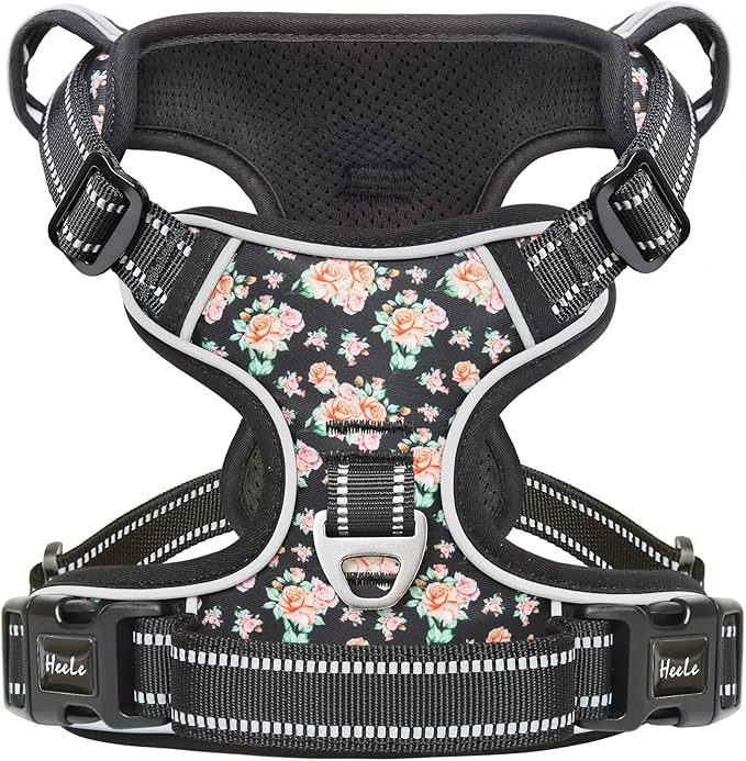 HEELE Dog Harness, No Pull Adjustable Padded Reflective Harness for Small Medium Large Dogs with Handle for Walking Training, Flower-Black, XL