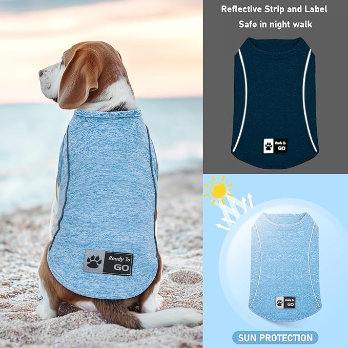 KYEESE Reflective Dog Shirt, Lightweight Sun Protection Dog T Shirts for Large Dogs, Breathable Sleeveless Pet Tank Top High Visibility Summer Dogs Clothes for Night Walking Outdoor, Blue, 3XL