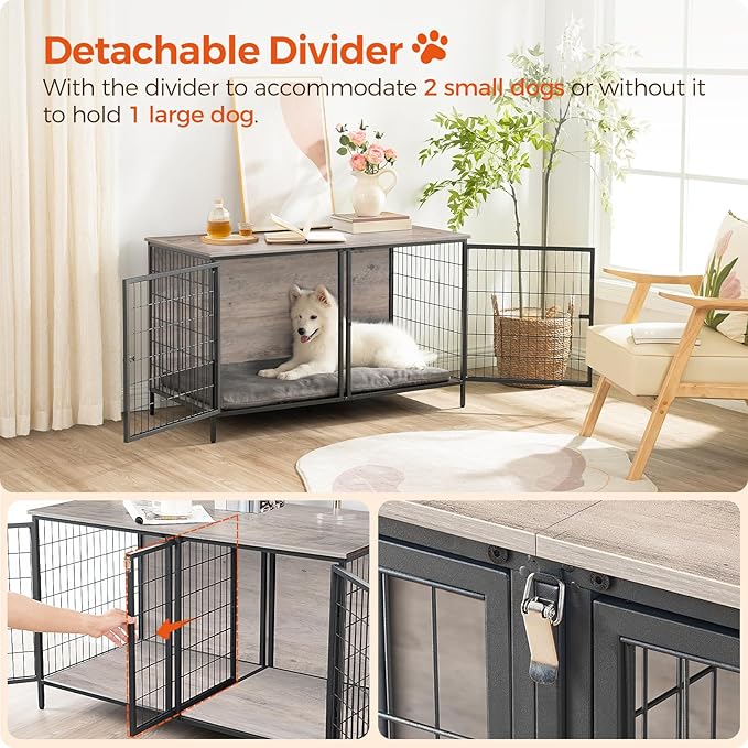 Dog Crate Furniture for 2 Dogs, 43.3" Dog Kennel with Removable Divider, Heavy Sturdy Dog Furniture Style Double Cage for Small Medium Dog, Indoor Pet House End Table, Greige DCHG1201