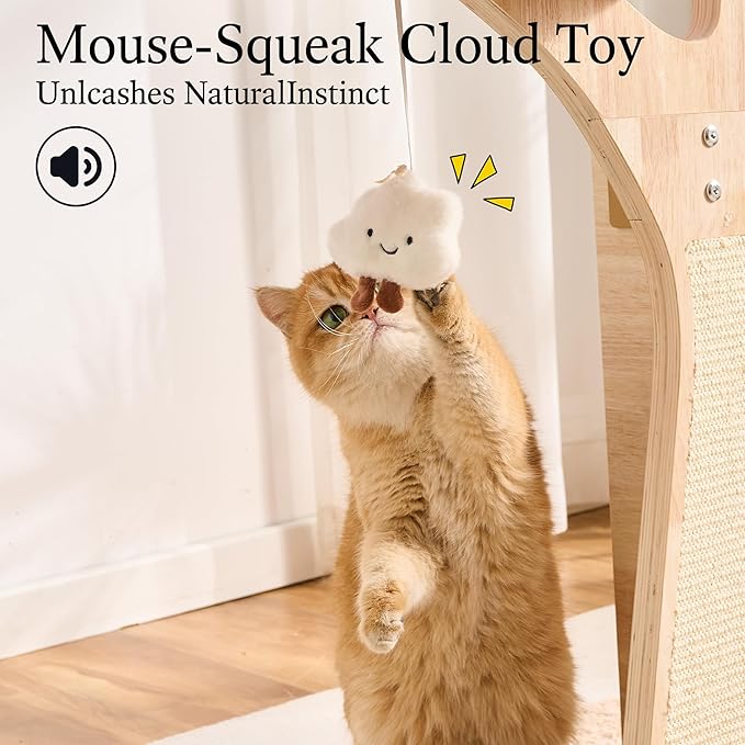 797Audio Flower Cat Tree, 48" Wood Branch Cat Tower, Pink Cloud Cat Tree with Scratching Post for Indoor Adult Cats, Luxury Cat Tree with Cozy Perches & Interactive Squeaky Hanging Toy