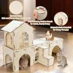 BWOGUE Extra Large Wooden Rabbit Hideout Castle, Detachable Bunny Castle for Rabbits Chinchillas Guinea Pigs, Sturdy Bunny Play House Indoor with Stairs, Small Animal Play Hideaway Hutch