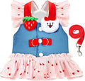 Small Dog Harness and Leash Set Denim Cat Harness Dress for Puppy Clothes for Girls Pink Dog Birthday Dress French Bulldog Harness with Strawberry Bear Decoration
