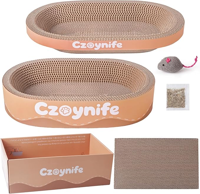 3PCS Cat Scratcher Bed, Oval Cat Scratcher Pad Bowl Nest for Indoor Cats, Round Cat Scratching Cardboard, Furniture Protector for Couch, for Kittens (Brown, 15.7 * 10 in)