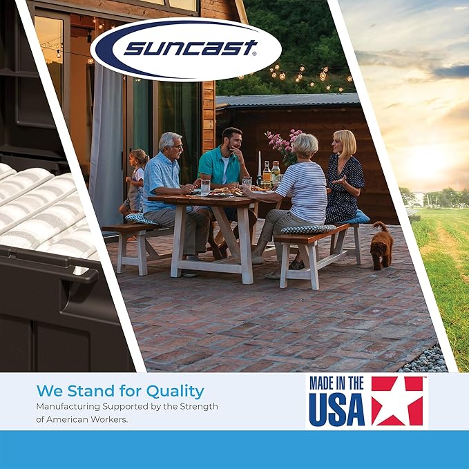 Suncast Deluxe Dog House for Dogs up to 100 Pounds with Removable Roof, Vents, Crowned Channeled Floor, and Personalization Labels, Taupe/Blue