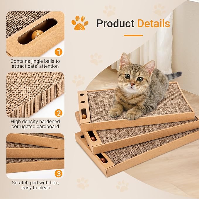 Novabright 6 Pcs Cat Scratching Board Reversible Cardboard Scratcher Wide Cat Scratch Pads with Bell Ball Durable Corrugated Scratch Box Bed for Indoor Kitten Playing Rest Sleep and Protect Furniture
