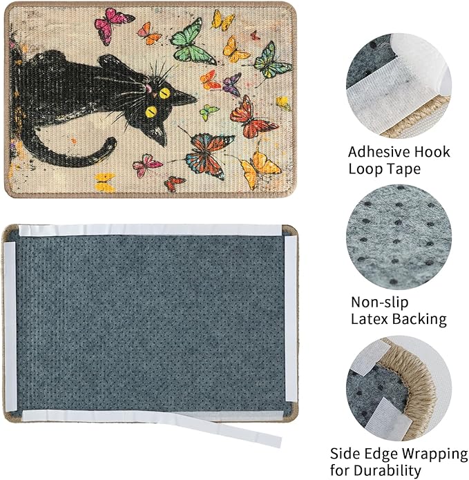 Sisal Cat Scratcher Mat Cat Wall Scratcher for Indoor Scratch Pad Wall Mounted Scratching Post to Protect Couch Carpet Furniture 23.6"x15.7" (Colorful Butterflies Cat)