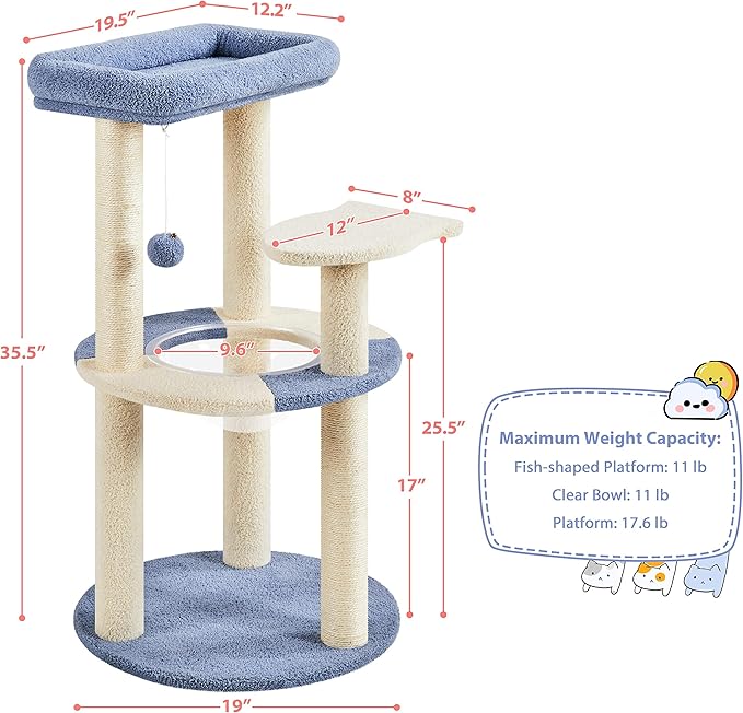 Yaheetech Cat Tree, 35.5in Cat Tower for Indoor Cats, Cat House with Scratching Posts & Padded Perch & Space Capsule, Cute Kitten Tree, Pet Furniture for Kittens, Blue/Beige
