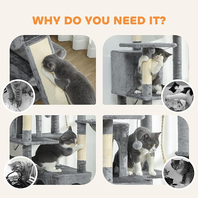 PawHut Flower Cat Tree, 69" Large Cat Tower for Indoor Kittens with 2 Spacious Condos, Sisal Scratching Posts, 2 Hanging Balls, Perches, Ramp, Bed, Dark Gray