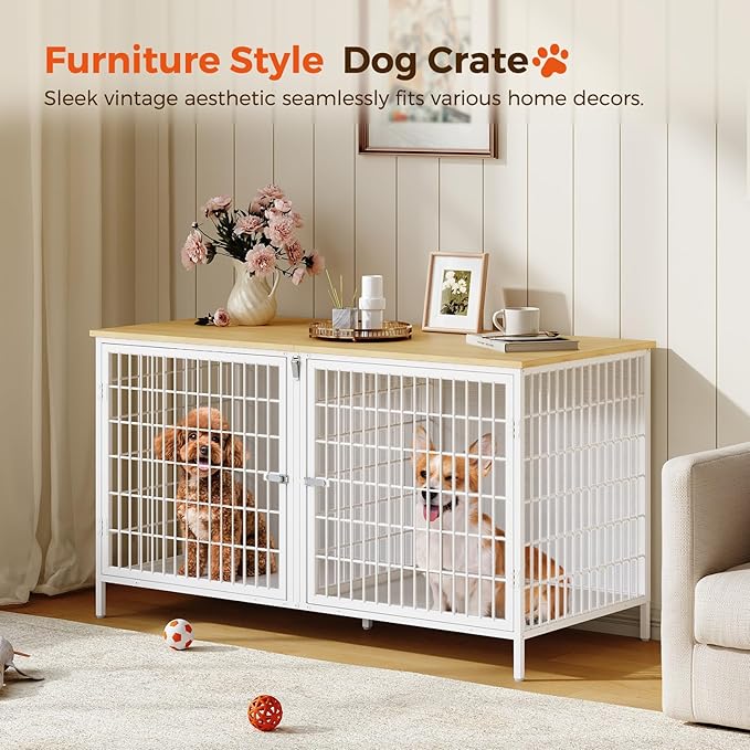 Dog Crate Furniture for 2 Dogs, 43.3" Dog Kennel with Removable Divider, Heavy Sturdy Dog Furniture Style Double Cage for Small Medium Dogs, Indoor Pet House End Table, Natural and White