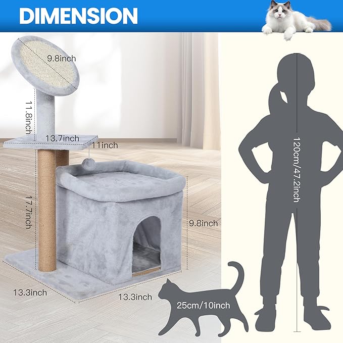33 inch Small Cat Tree Tower, Cat Tree for Indoor Cats, Cat Scratching Post with Sisal Scratching Pad & Board, Cat Condo for Large Cats and Kittens, Cat Playhouse with Hanging Ball for Play, Grey