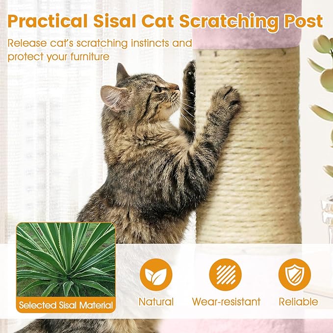 PETSITE 25.5-inch Small Cat Tree, Modern Multi-Level Cat Tower with 2 Comfy Condos, Sisal Scratching Posts, Large Plush Top Perch, and Anti-Tipping Kits, Ideal for Indoor Cats and Kittens (Pink)