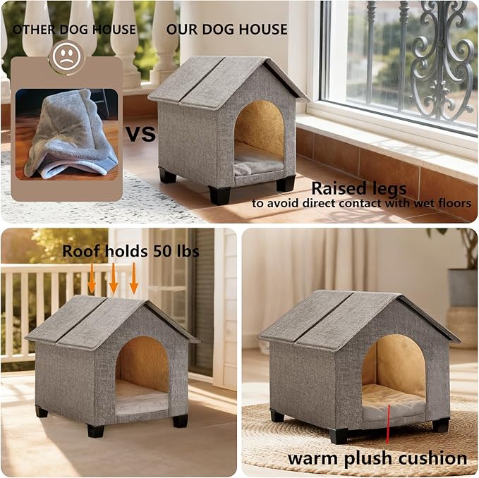 Indoor Dog House, Elevated Foldable Dog Cave Bed with Removable Plush Mat for Small Dogs and Cats Up to 15.7 Inches Long