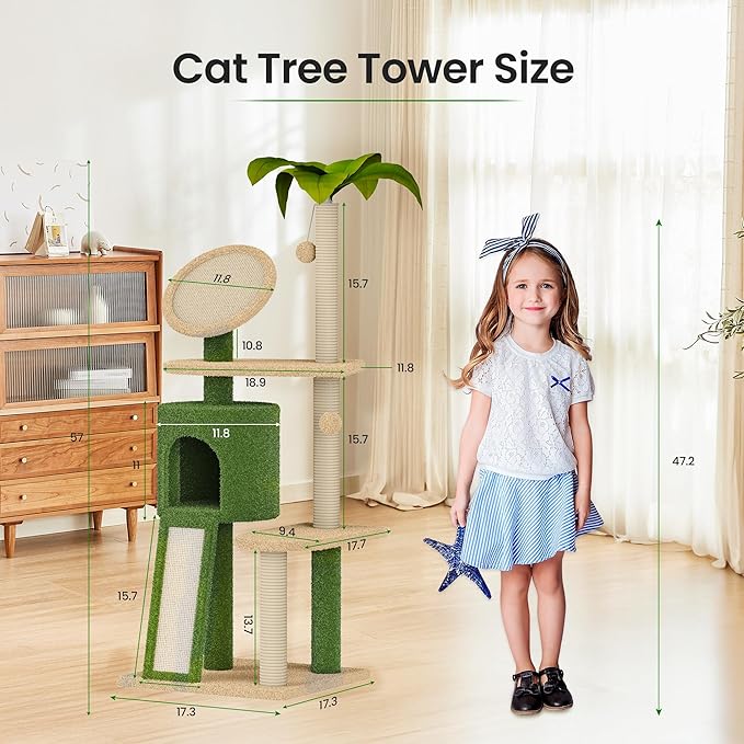 Erinnyees 57" Multi-Level Cat Tower with Hammock, Coconut Cat Tree with Green Leaves, Plush Cat House with Hang Ball Toy and Sisal Scratching Posts Furniture, Green