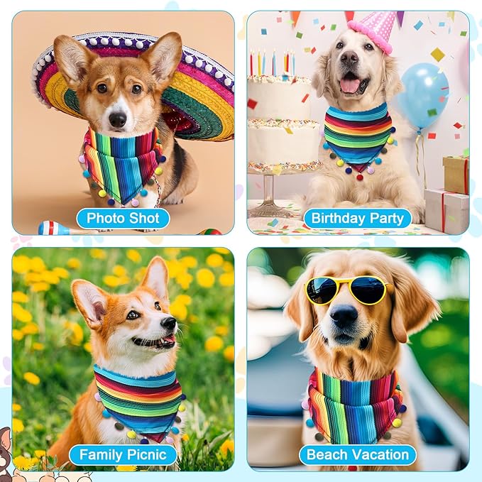 2 Pcs Mexican Dog Bandana Cinco De Mayo Fiesta Dog Costume Summer Mexican Pet Triangle Bib Adjustable with Pom Poms for Small Medium Pets Cats