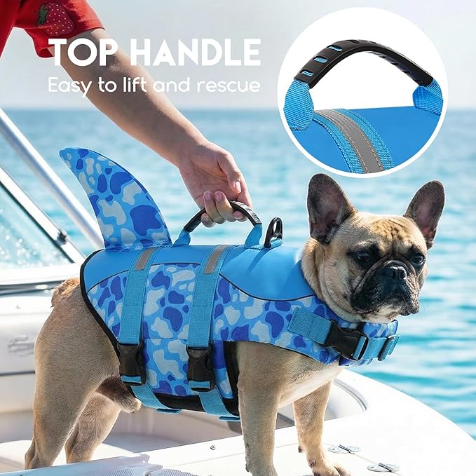 ASENKU Dog Life Jacket - Pet Safety Vest for Swimming & Boating, Shark Life Jacket with Floatation, Dog Lifesavers Swimsuits for Small Medium Large Dogs (Blue Cow Print, L)
