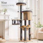 797Audio Wood Modern Cat Tree, 61.5" Cat Tower with Sisal Scratching Posts, Cat Condo, Capsule, Hamnock and Spinner Toy,Solid Wooden Aesthetic Multi-Level Cat Climbing Tree for Adult Indoor Cats-Gray