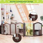 PrimeZone 144" Extra Wide Dog Gate - 36" Tall 6-Panel Solid Acacia Wooden Freestanding Puppy Gates with Door, Foldable Indoor Pet Fence for Doorways, Stairs, Support Feet Included, Brown