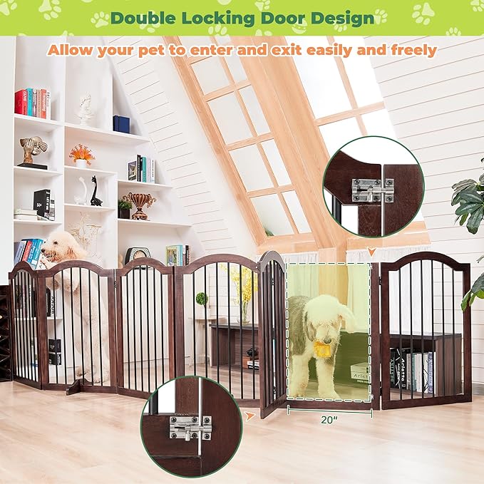 PrimeZone 144" Extra Wide Dog Gate - 36" Tall 6-Panel Solid Acacia Wooden Freestanding Puppy Gates with Door, Foldable Indoor Pet Fence for Doorways, Stairs, Support Feet Included, Brown
