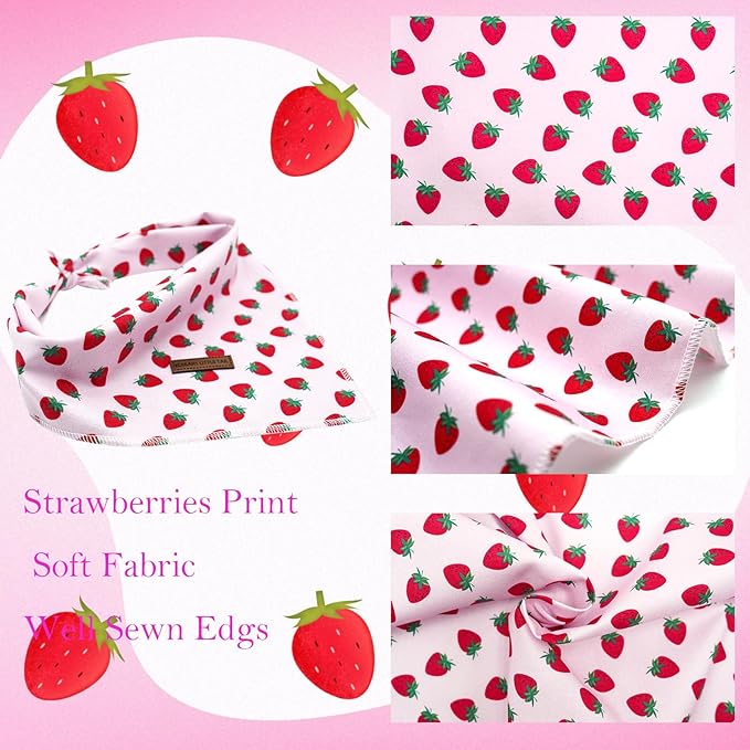 Elegant Little Tail Reversible Cotton Triangle Dog Scarf - Summer Kerchief Strawberry Print Washable Cotton Bibs for Small to Large Dogs