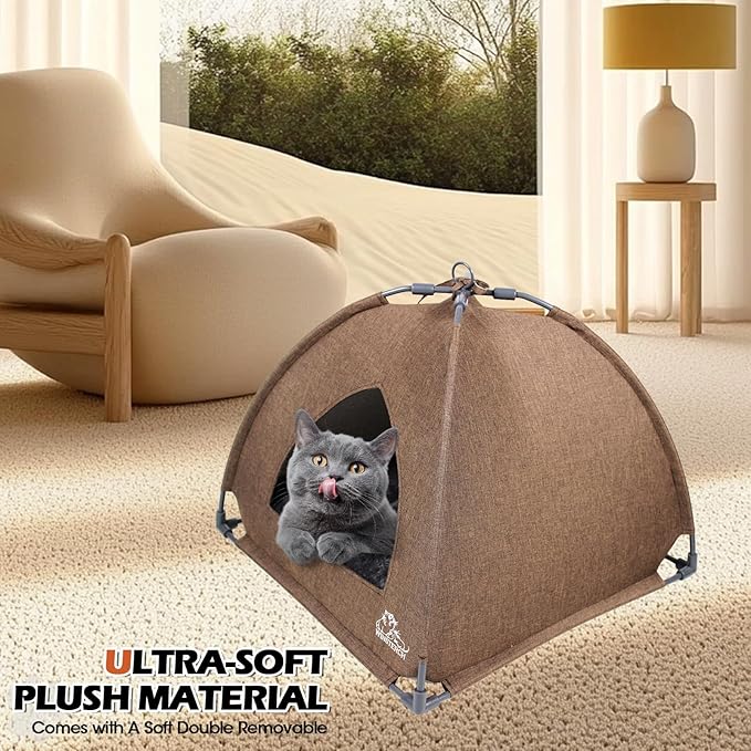 Winsterch Cat Bed Cave for Indoor Cats, Small Pet Tent Cave for Cats, Kittens, and Small Dogs, Warming Cat House with Removable Washable Cushion (18.5'‘ x 18.5’' x 15.8'', Brown)