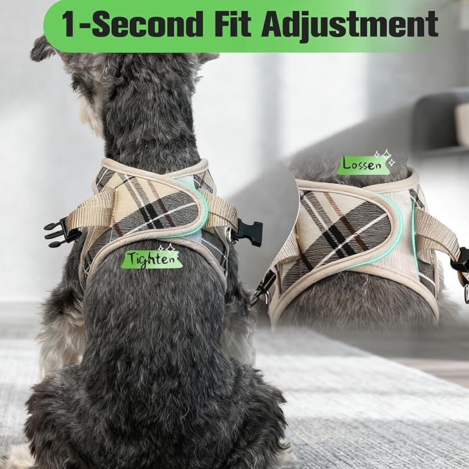 EXPAWLORER Plaid Small Dog Harness and Leash Set with AirTag Holder - Soft Padded Step in Dog Vest Harness Medium Sized Dog, No Pull Reflective Puppy Harness, Collar and Leash for Walking, Khaki M