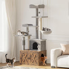 GAOMON Multi-Functional Cat Tree with Hidden Litter Box Enclosure – Spacious Hammock, Cozy Top Perch, Multi-Level Condo, Sisal Scratching Posts, Sturdy Indoor Cat Furniture, Brown