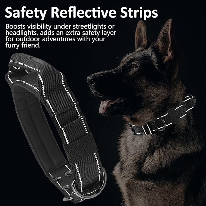 Tactical Dog Collar with Control Handle, Military Adjustable Pet Collar Reflective Heavy Metal Buckle Dog Collar, Soft Nylon Training Collar for Medium Large Dogs (Black, Large)